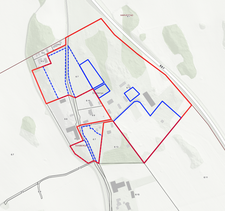 Röd gräns är preliminärt planområde. Blåa områden är områden som kommer prövas för bostadsbebyggelse. Områden med bruten linje ligger på Edsberga 6:7 och områden med heldragen linje ligger på Edsberga 6:12.