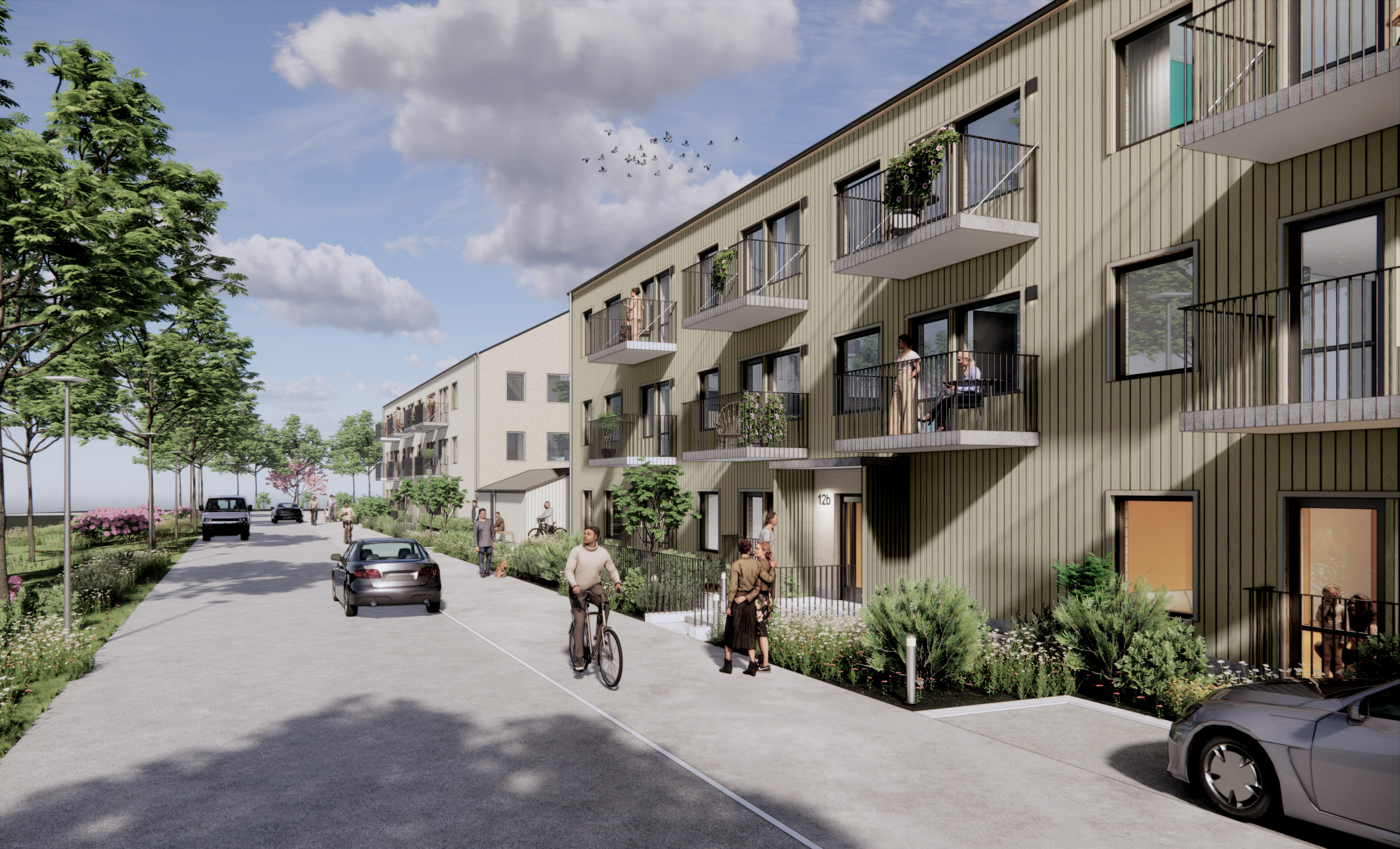 Illustartion av flerbostadshus i tre våningar. Källa: renderingen är framtagen av Lindberg Stenberg Arkitekter.