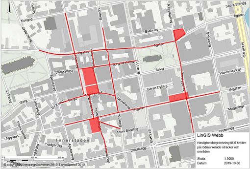 Karta över områden och gator med hastighetsbegränsning 6 km/h