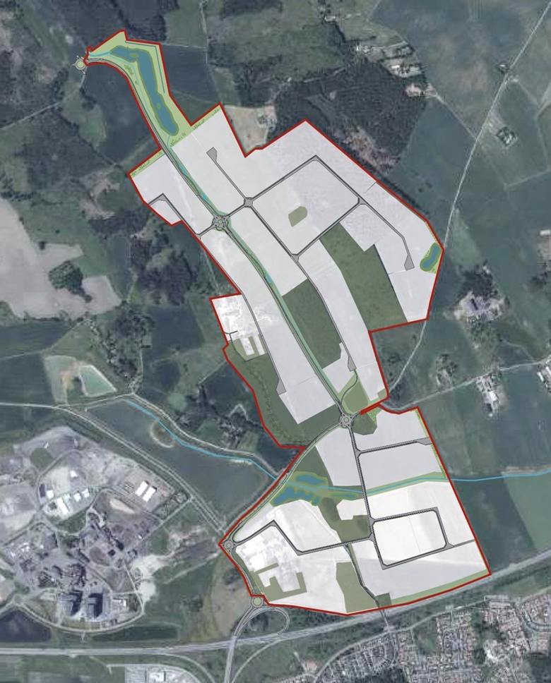 Strukturen för området med gator, grön- och blåstruktur och verksamhetsmark. Ljusgråa ytor visar föreslagen verksamhetsmark. Röd linje visar planområdet.