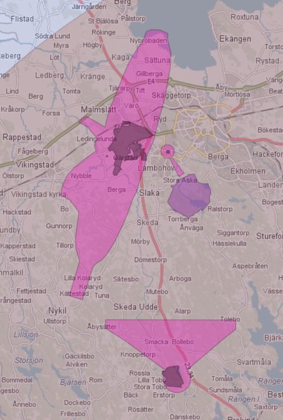Karta som visa Malmens påverkansområden för buller eller annan risk samt påverkansområde övrigt.