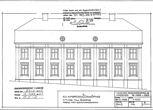 Byggnadsritning på Hagdahlska huset från 1969 mot Domkyrkogatan