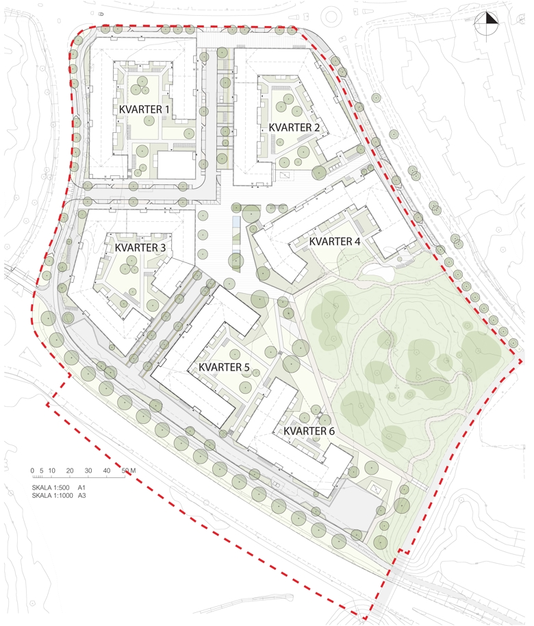 Illustrationsplan som visar en möjlig utformning av området enligt planförslaget, inklusive föreslagen kvartersindelning numrerat från kvarter 1 till 6. En röd streckad linje visar planområdesgräns. Myllamark, 2024.